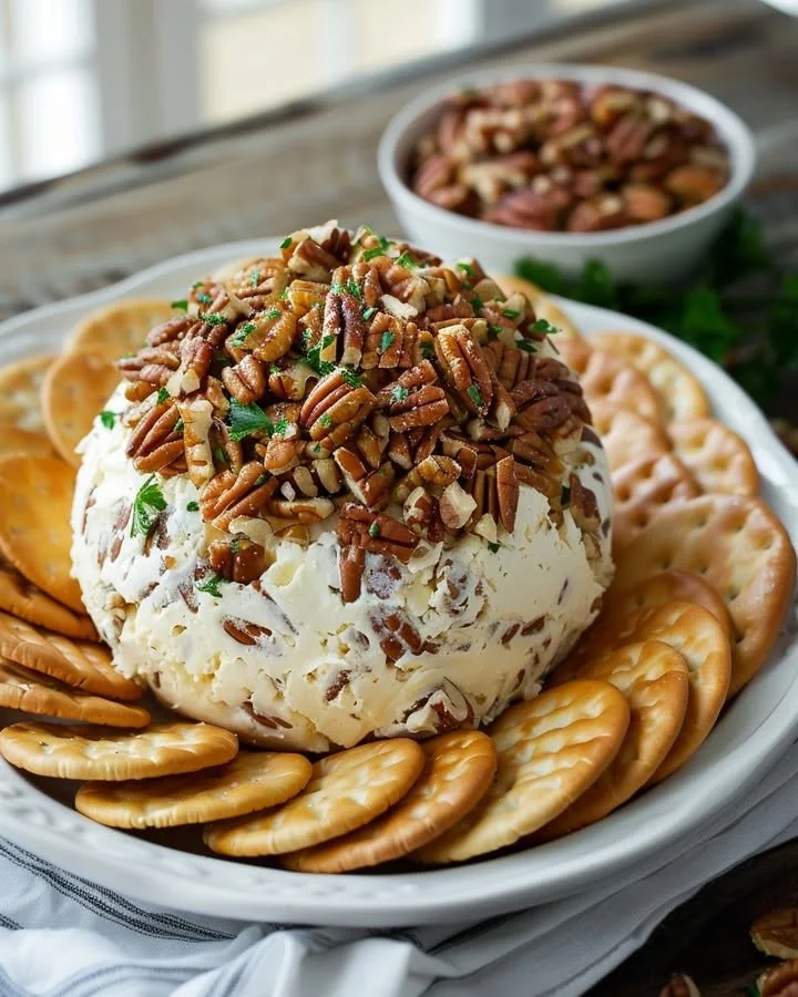 A delicious cheese ball served with crackers, perfect for parties and gatherings
