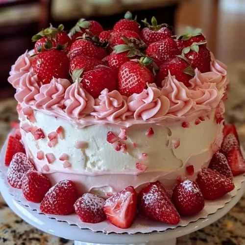 Delicious strawberry cake topped with fresh strawberries and cream