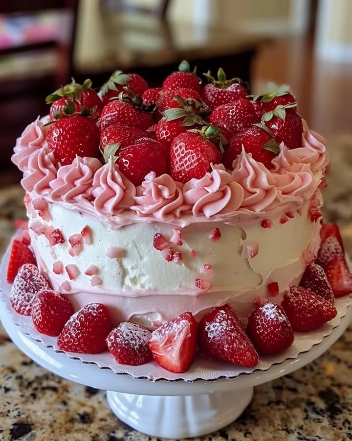 Delicious strawberry cake topped with fresh strawberries and cream