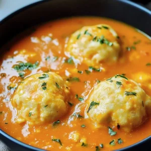 Bowl of tomato soup with cheddar dumplings on a rustic table.
