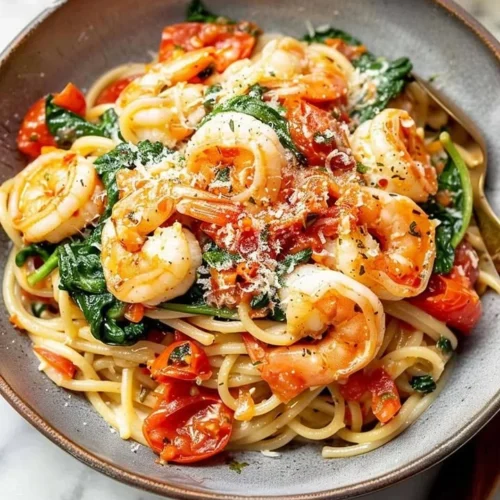 Plate of Tomato Spinach Shrimp Pasta garnished with fresh herbs
