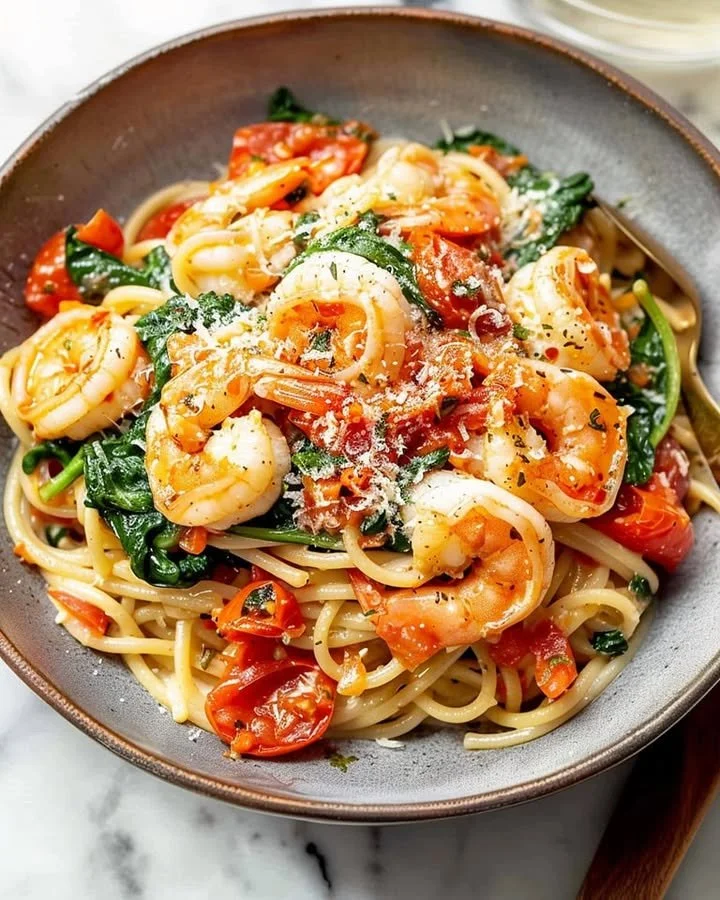 Plate of Tomato Spinach Shrimp Pasta garnished with fresh herbs