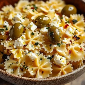 Tossed pasta with olives and feta cheese served in a rustic bowl