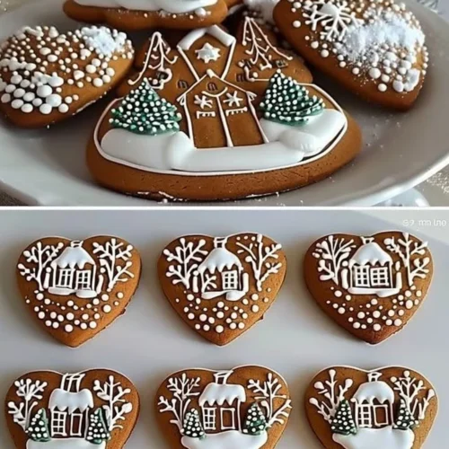 Traditional gingerbread cookies decorated with a winter village theme