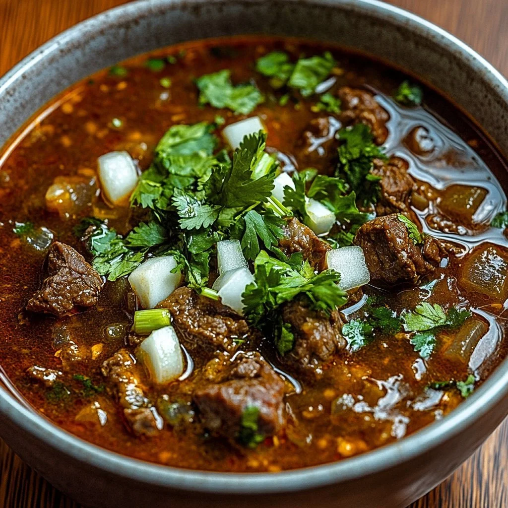 Traditional Mexican birria served in a bowl with fresh herbs and tortillas