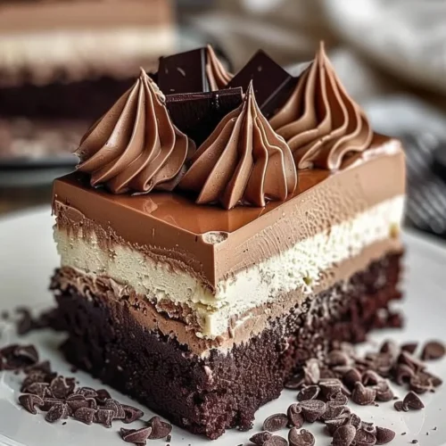 Delicious Triple Chocolate Mousse Torte served with chocolate shavings