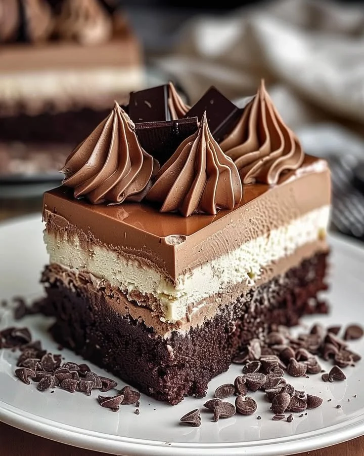 Delicious Triple Chocolate Mousse Torte served with chocolate shavings