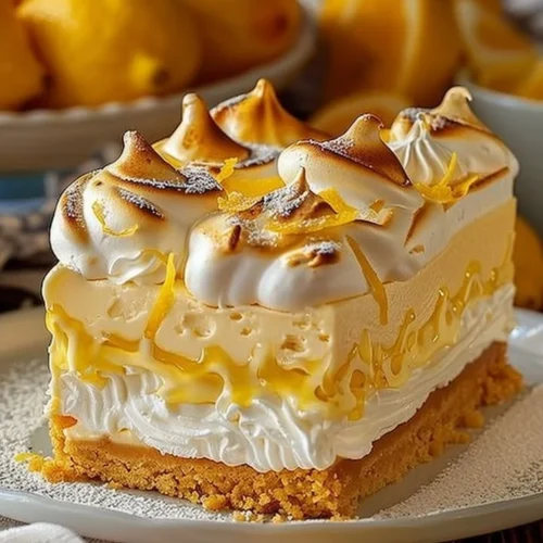 Slice of Triple Lemon Meringue Cheesecake topped with fluffy meringue and lemon zest
