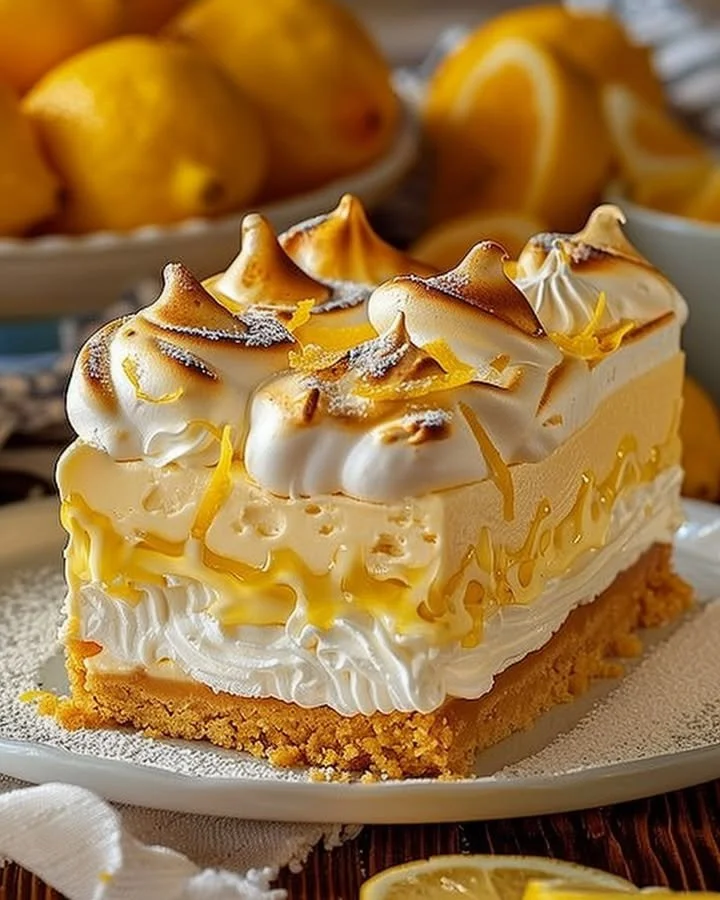 Slice of Triple Lemon Meringue Cheesecake topped with fluffy meringue and lemon zest