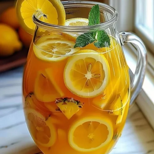 Tropical Pineapple Lemonade Punch in a glass with lemon slices and pineapple