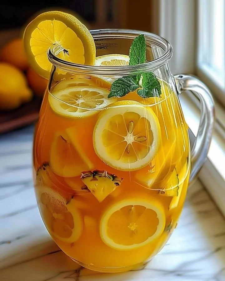 Tropical Pineapple Lemonade Punch in a glass with lemon slices and pineapple