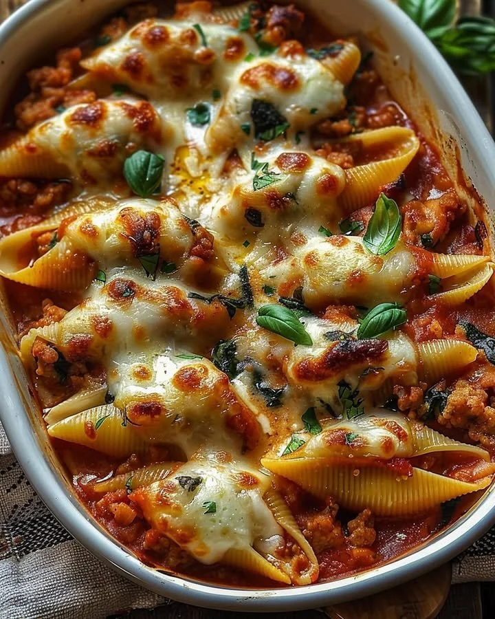 Turkey and Spinach Stuffed Shells on a plate garnished with parsley