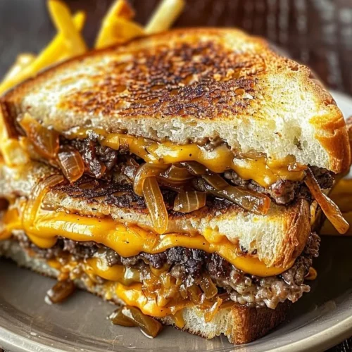 Ultimate patty melt with beef, cheese, and onions on toasted bread