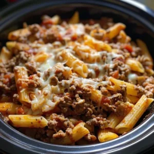 Plate of ultimate slow cooked beef and mostaccioli with garnishes