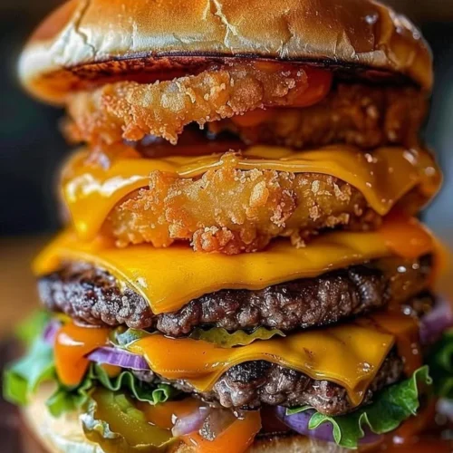 Ultimate triple cheeseburger with onion rings on a wooden table