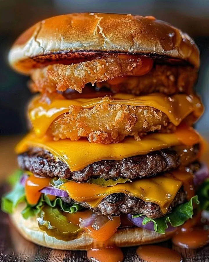 Ultimate triple cheeseburger with onion rings on a wooden table
