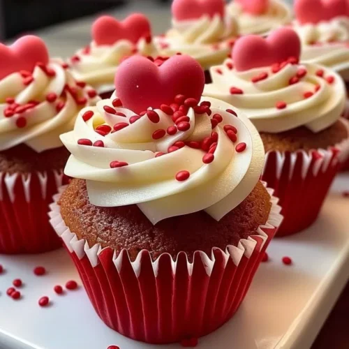 Delicious Valentine's Day cupcakes decorated with hearts and roses.