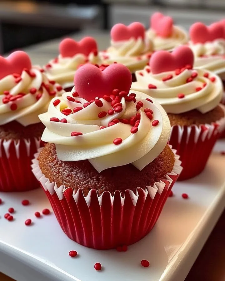 Delicious Valentine's Day cupcakes decorated with hearts and roses.