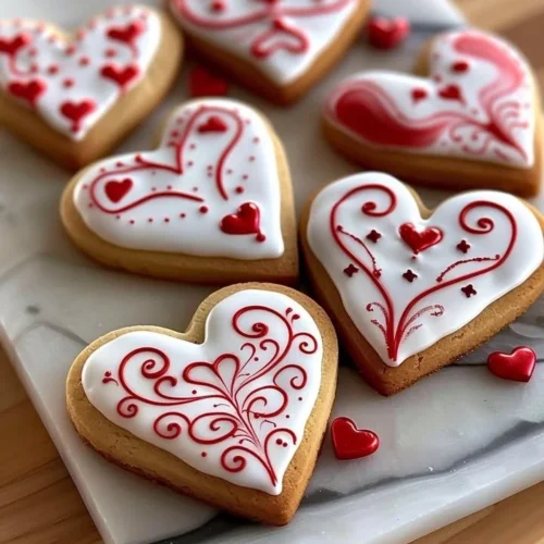 Valentine's Day decorated royal icing cookies in heart shapes