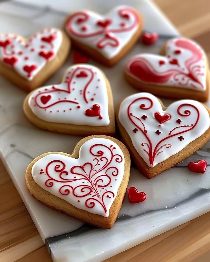 Valentine's Day decorated royal icing cookies in heart shapes