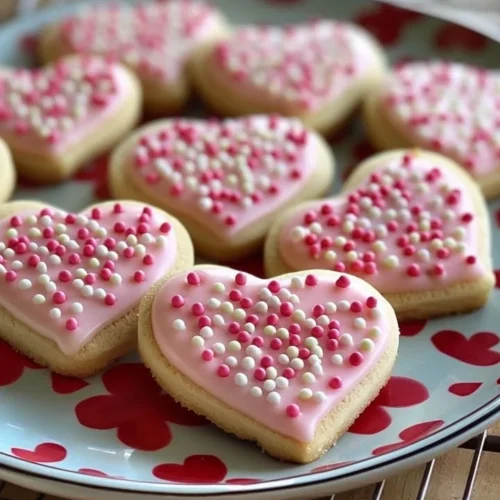 Valentine’s Day sugar cookies decorated with pink icing and sprinkles