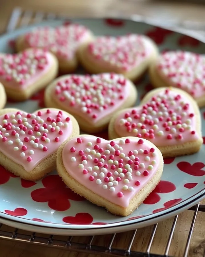 Valentine’s Day sugar cookies decorated with pink icing and sprinkles