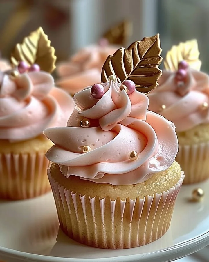 Vanilla cupcakes with blush pink buttercream frosting on a decorative plate