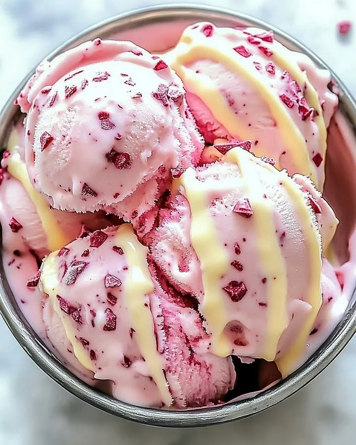 Delicious Velvet Ice Cream topped with white chocolate shavings
