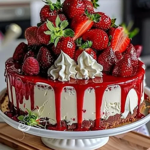 Slice of Velvet Strawberry Cheesecake topped with fresh strawberries and whipped cream.