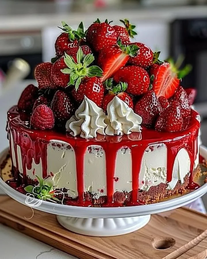 Slice of Velvet Strawberry Cheesecake topped with fresh strawberries and whipped cream.