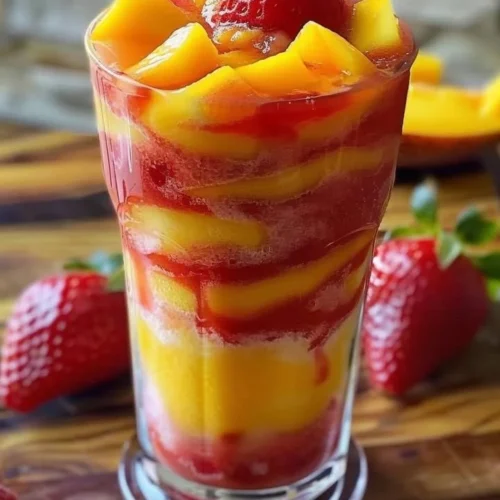 Vibrant mango strawberry swirled slushies in colorful glasses
