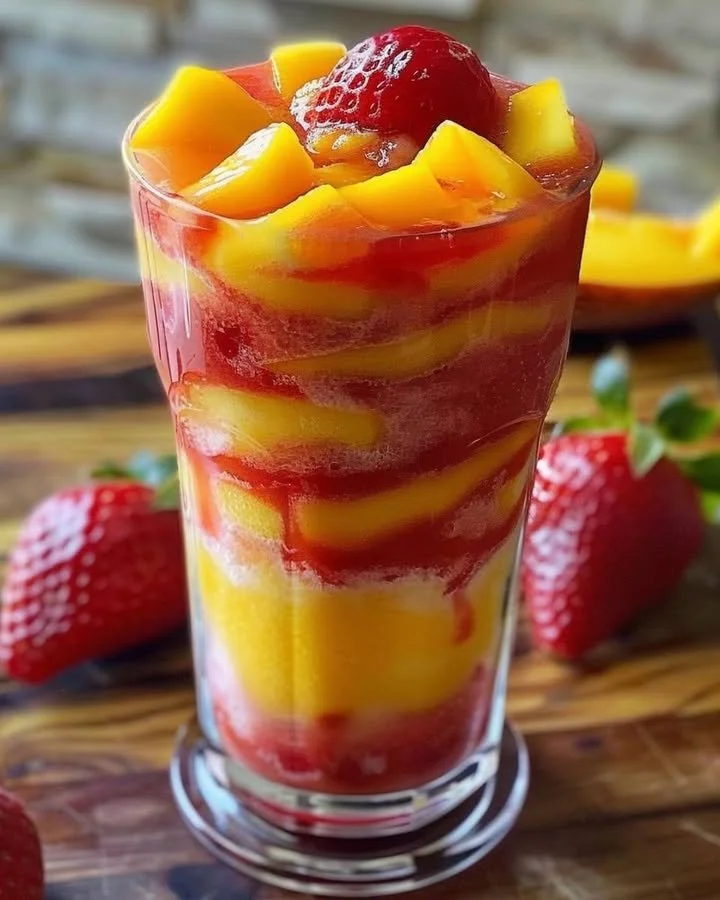 Vibrant mango strawberry swirled slushies in colorful glasses