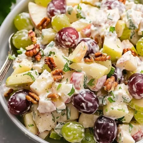 A vibrant bowl of Waldorf Salad featuring apples, walnuts, and grapes