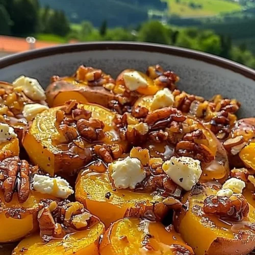 Dish of Walnut Maple Goat Cheese Roasted Sweet Potatoes garnished with herbs