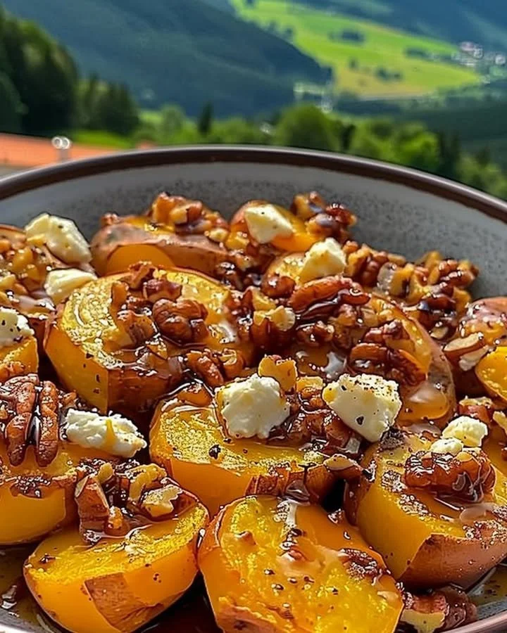 Dish of Walnut Maple Goat Cheese Roasted Sweet Potatoes garnished with herbs