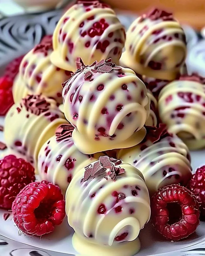 Delicious white chocolate raspberry cheesecake balls served on a plate