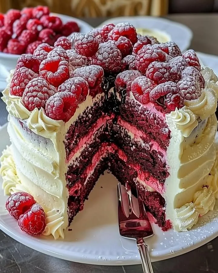 White Chocolate Raspberry Dream Cake topped with fresh raspberries and white chocolate shavings.