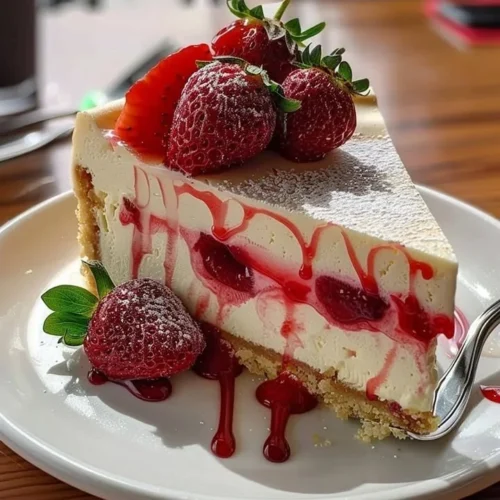 White Chocolate Strawberry Cheesecake topped with fresh strawberries
