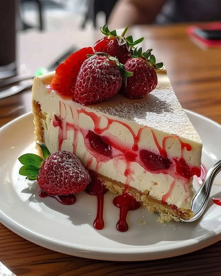White Chocolate Strawberry Cheesecake topped with fresh strawberries