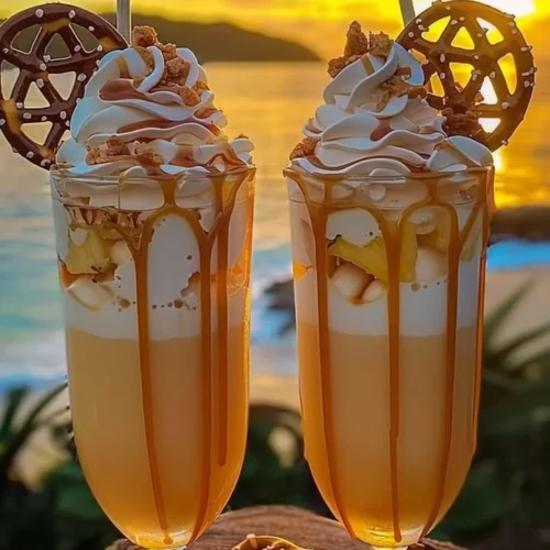 XOXO Caramel Colada cocktail garnished with pineapple and cherries