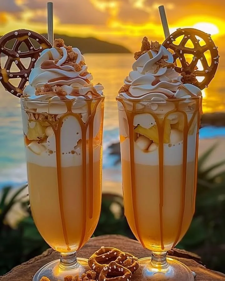 XOXO Caramel Colada cocktail garnished with pineapple and cherries