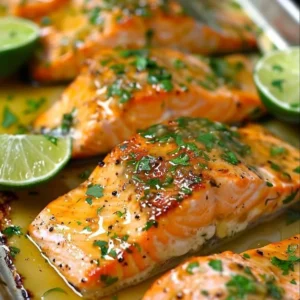 Grilled honey lime salmon garnished with fresh herbs and lime slices