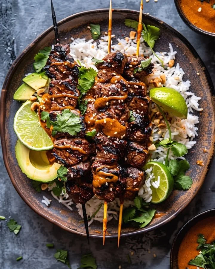 Zesty Thai peanut glazed steak skewers on a plate ready to serve.