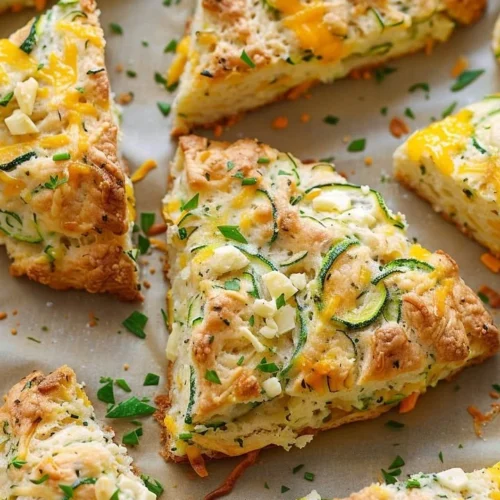 Freshly baked zucchini cheddar scones on a wooden table