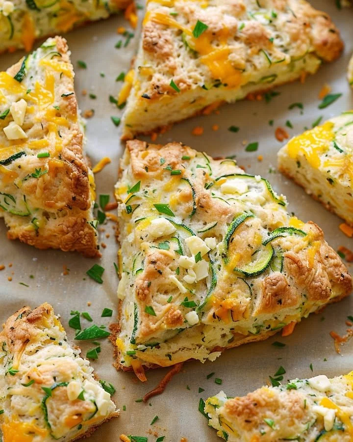Freshly baked zucchini cheddar scones on a wooden table